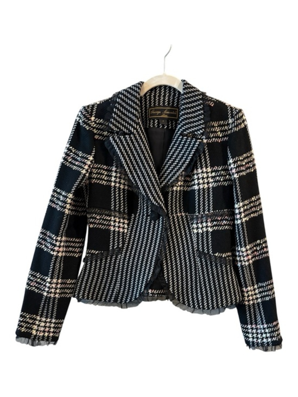 George Simonton Luxe Plaid Blazer Size 4 Black White Tailored Career Jacket